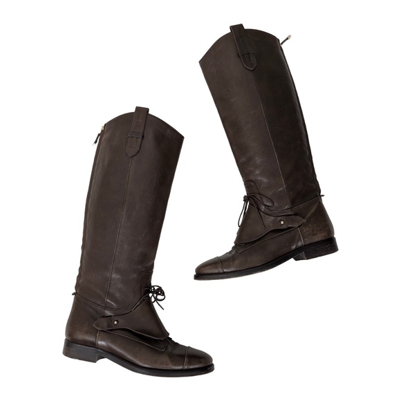 Massimo Dutti Brown Leather Riding Boots Lace Up Knee High Round Toe - Picture 1 of 16